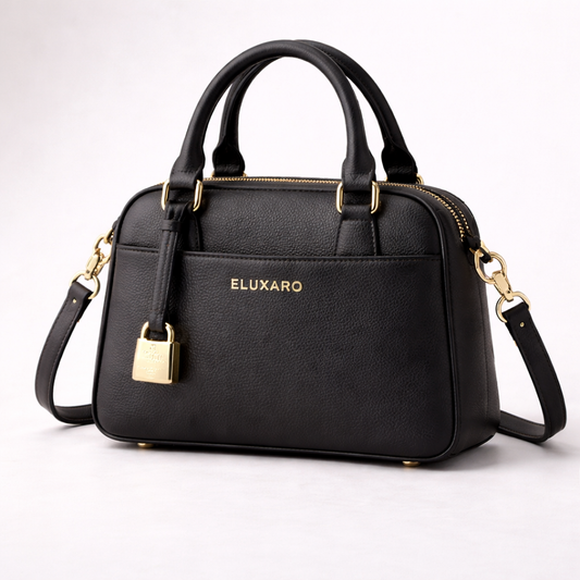 Black handbag with gold accents and 'ELUXARO' branding on a white background